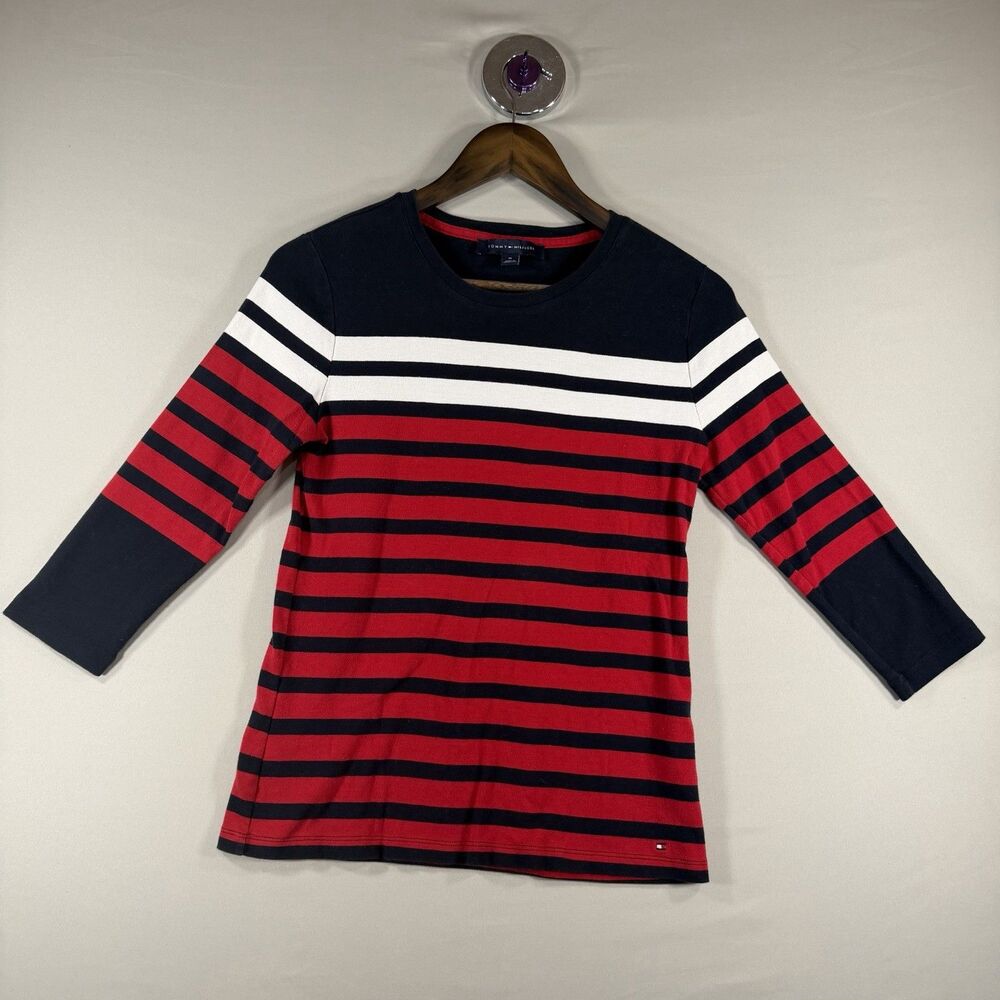 Tommy Hilfiger Women's 3/4 Sleeve Crew neck Striped Red White Blu Blouse Shirt M